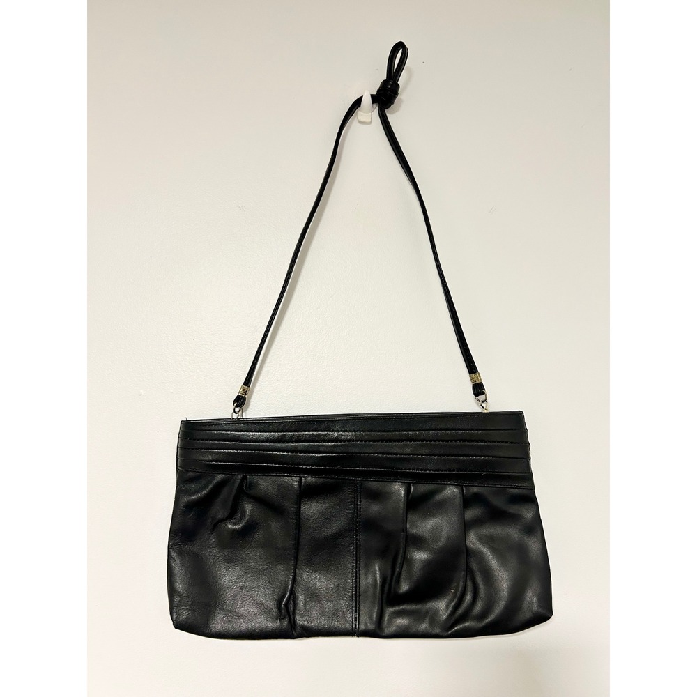 Leather Express Black Leather Pleated Shoulder Bag Clutch Vintage MCM Minimalist